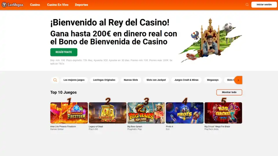 Página de inicio de Leo Vegas